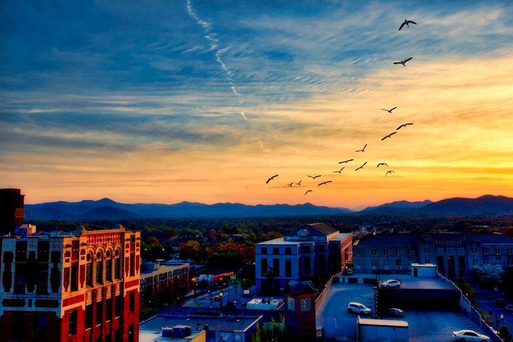 image of a sunset over a town with mountains in the distance and a flock of birds flying closer up